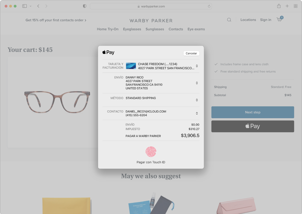 Pantalla de una Mac que muestra una compra en línea en curso utilizando la opción Apple Pay en Safari.