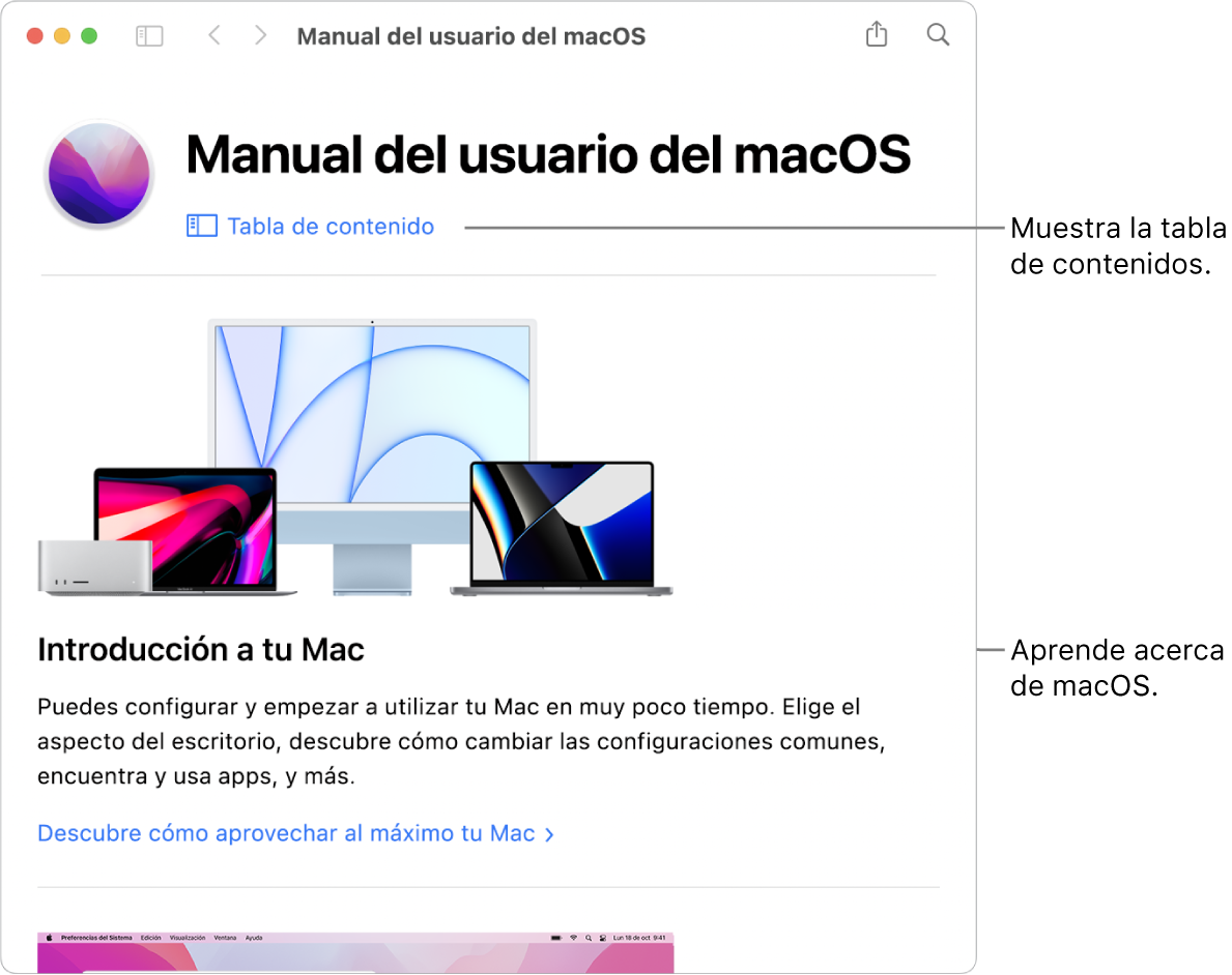 La página de bienvenida del Manual de usuario de macOS con el enlace a la tabla de contenido.