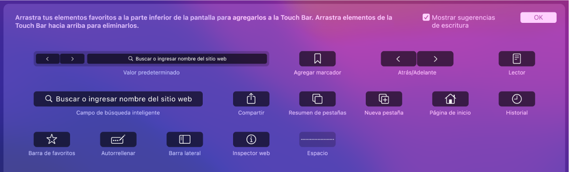 Las opciones Personalizar Safari que se pueden arrastrar a Touch Bar.