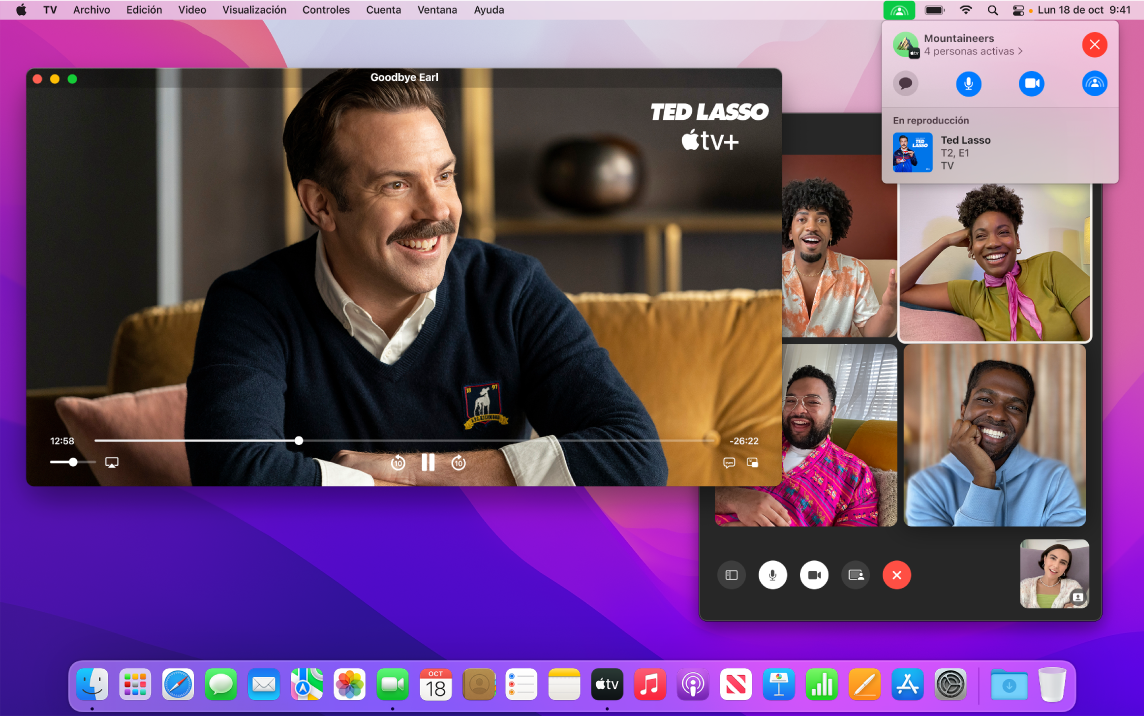 Una fiesta en la que se ve de forma compartida un episodio de Ted Lasso en la ventana de la app Apple TV y quienes participan en la ventana de FaceTime.