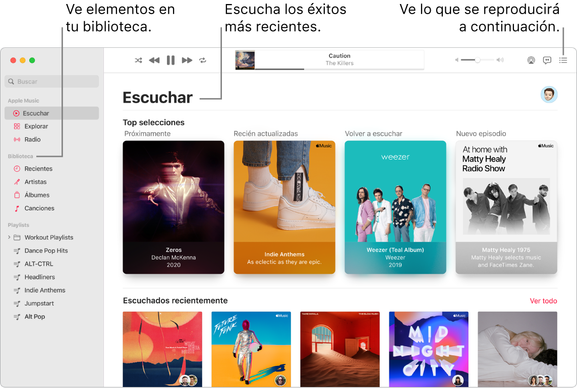 Ventana de la app Música mostrando cómo ver tu biblioteca, escuchar Apple Music y ver lo que se reproducirá después.