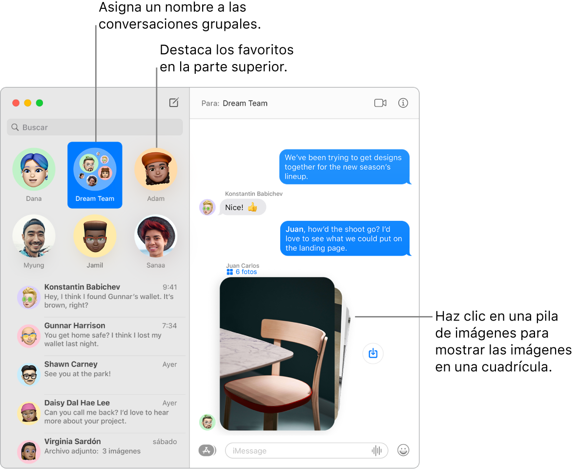 Una ventana de Mensajes con un chat grupal y chats individuales anclados en la parte superior de la columna izquierda. En el chat en la parte derecha hay una pila de seis fotos y el botón “Guardar foto” junto a ella.