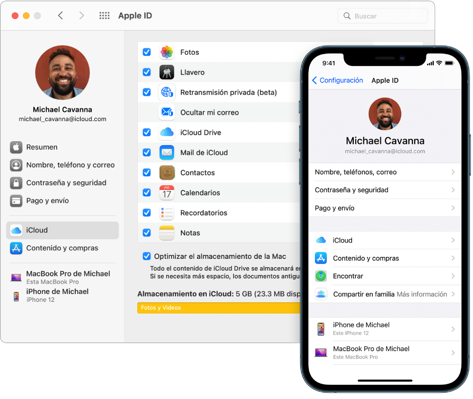 Configuración de iCloud en un iPhone, y la ventana de iCloud en una Mac.