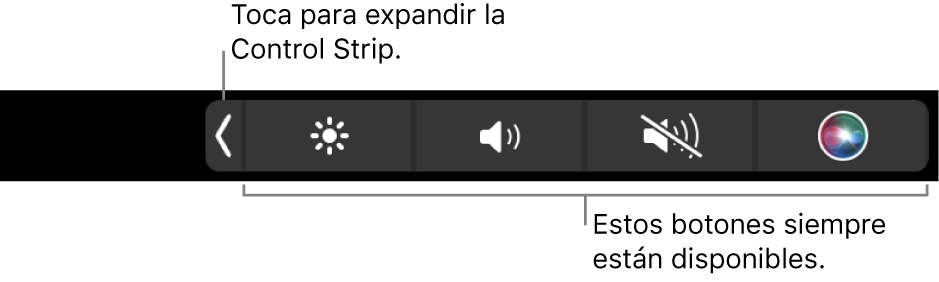 Pantalla parcial que muestra la Touch Bar predeterminada, donde se ve la Control Strip contraída. Toca el botón Expandir para ver toda la Control Strip.