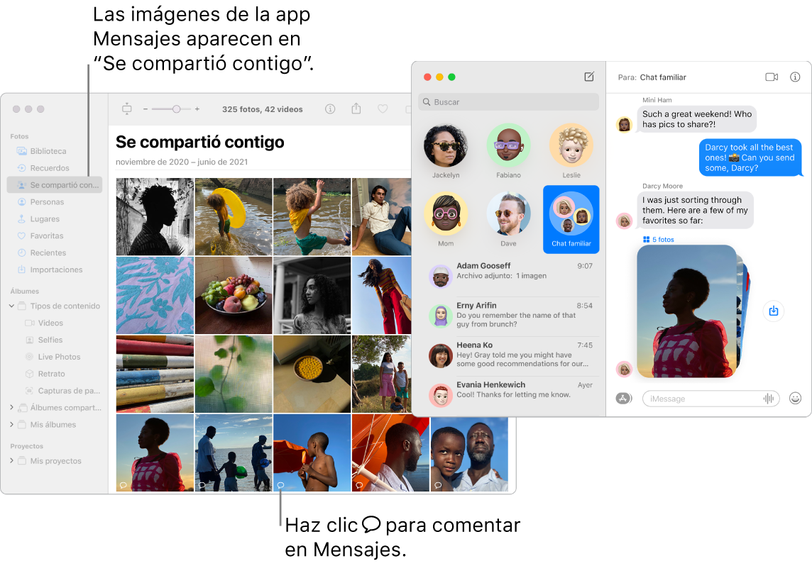 Una conversación de Mensajes en la parte derecha con una pila de fotos y la sección “Se compartió contigo” de una ventana de Fotos mostrando fotos compartidas desde la app Mensajes.