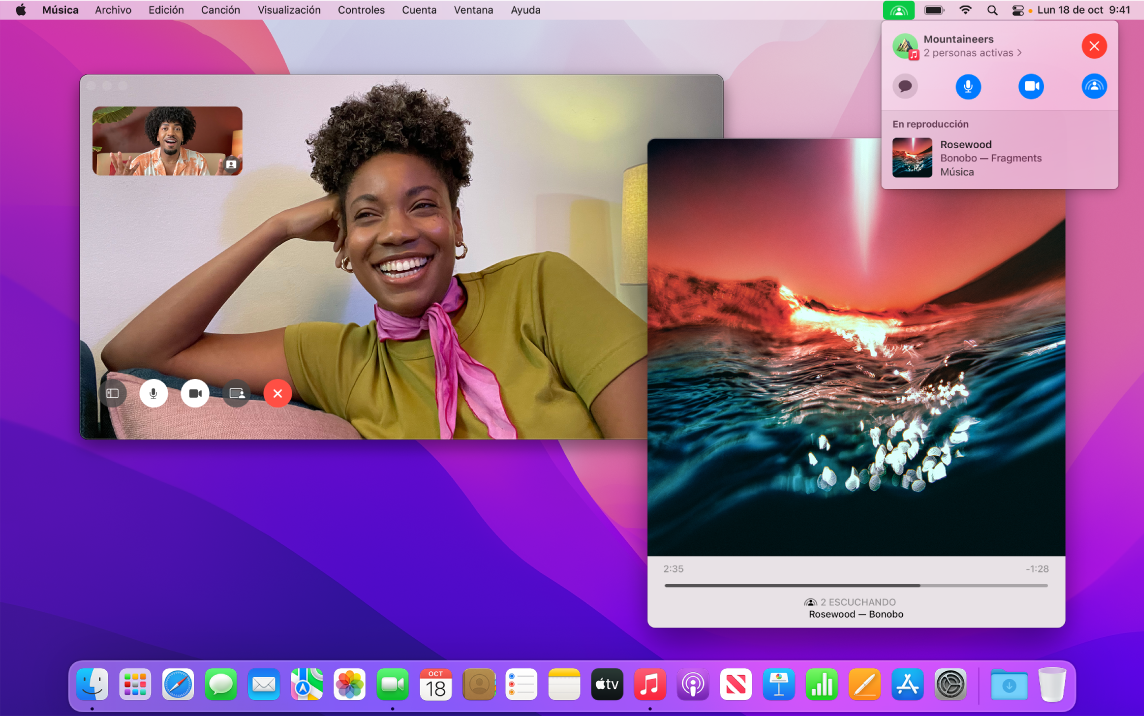 Una experiencia de escucha compartida con quienes participan en la ventana de FaceTime y una ventana de la app Música reproduciendo una canción.