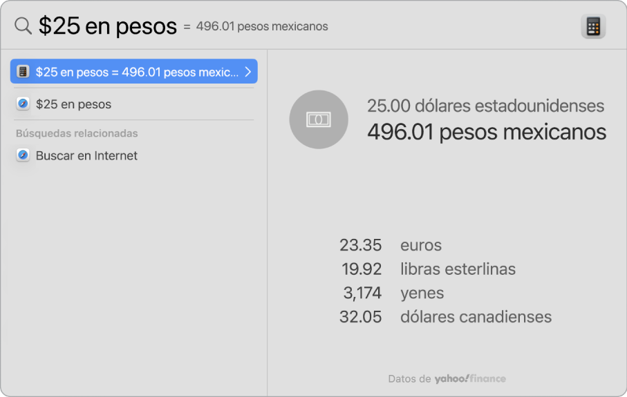 Una captura de pantalla mostrando la conversión de dólares a pesos, un resultado mostrando la conversión y varios resultados más que se pueden seleccionar.