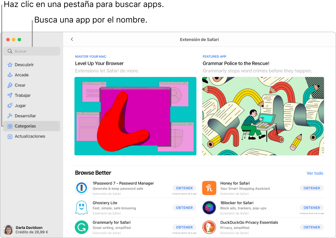 Ventana de App Store que muestra un campo de búsqueda y una página de extensiones de Safari.