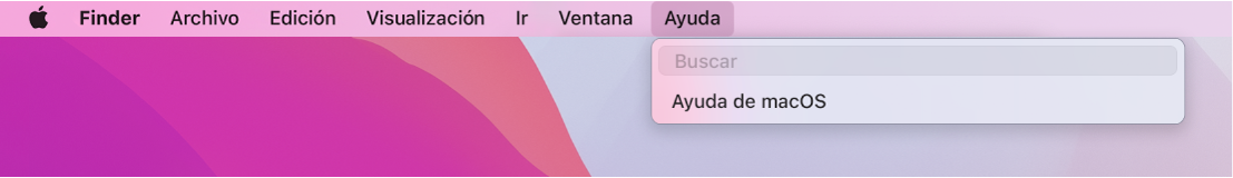 Vista parcial del escritorio con el menú Ayuda abierto y las opciones de menú Buscar y Ayuda de macOS.