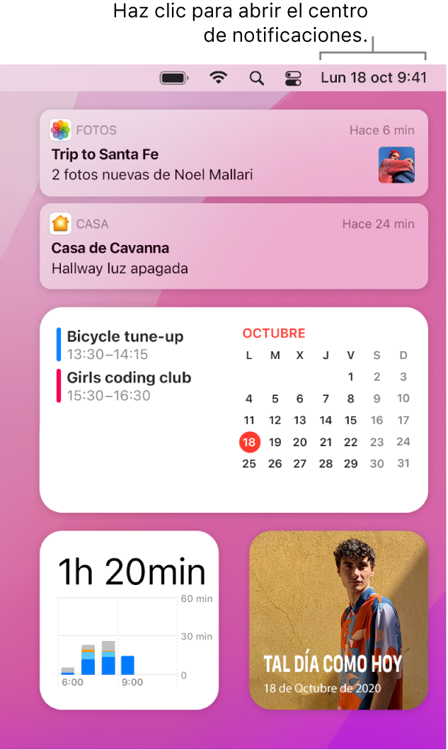 Centro de notificaciones con notificaciones y widgets de Fotos, Casa, Calendario y “Tiempo de pantalla”.