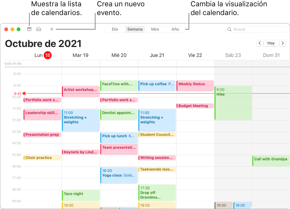 Una ventana de Calendario donde se muestra la lista de calendarios, cómo crear un evento, cómo mostrar la lista de calendarios y cómo seleccionar la vista Día, Semana, Mes o Año.