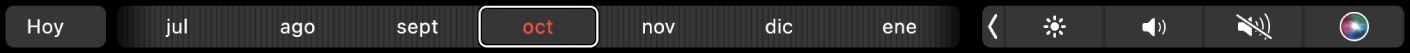 La Touch Bar de Calendario con el botón Hoy y un regulador para seleccionar un mes.