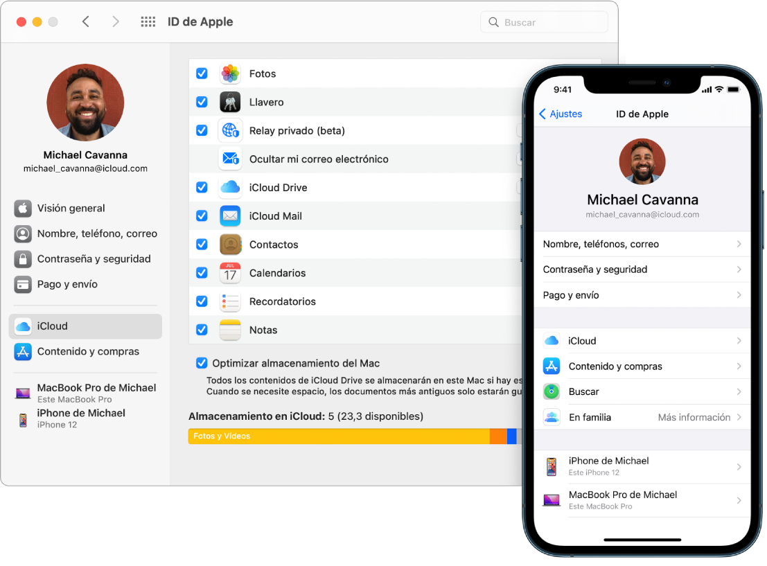 Ajustes de iCloud en un iPhone y la ventana de iCloud en el Mac.