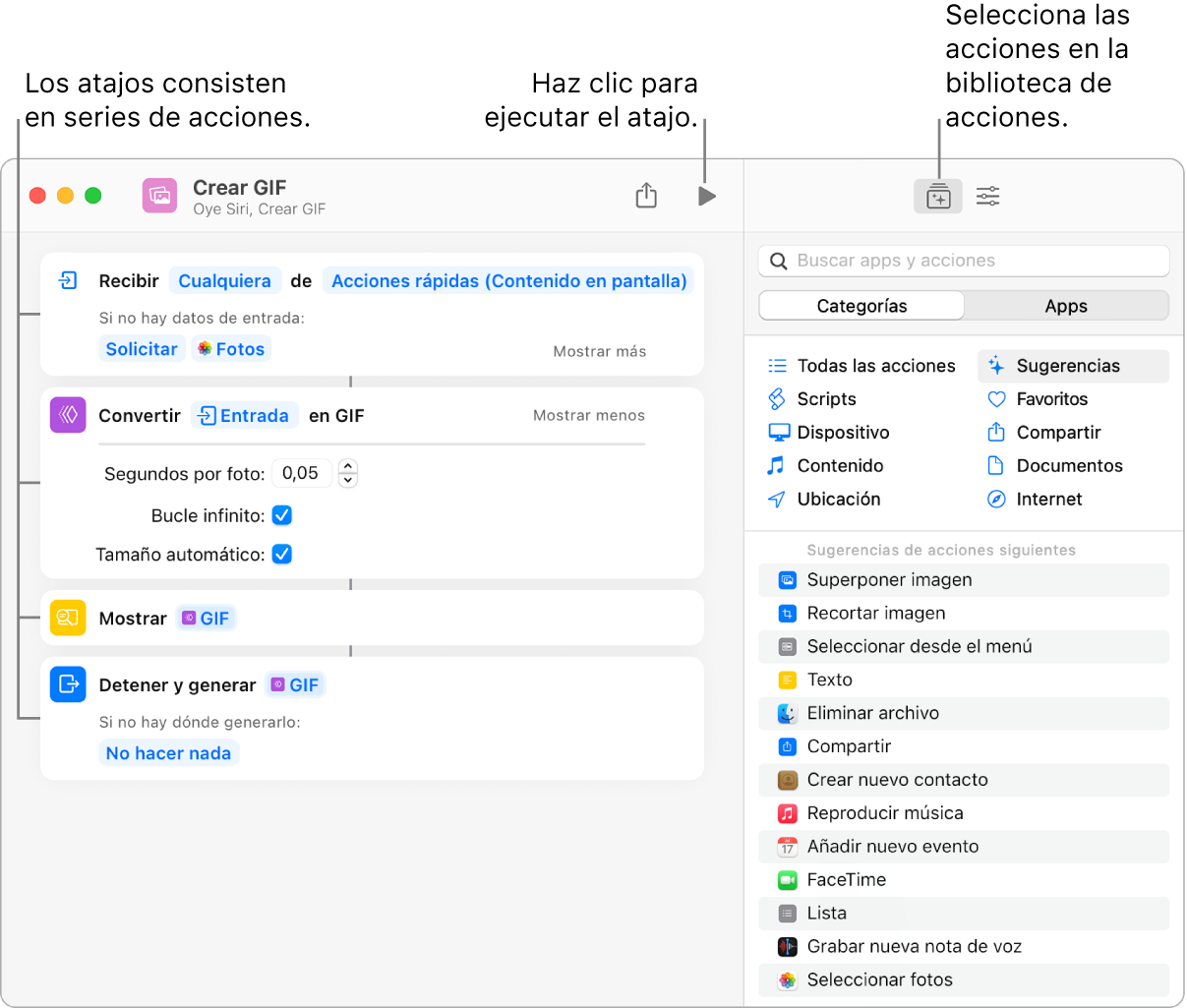 El editor de atajos “Crear GIF” a la izquierda y la biblioteca de acciones a la derecha.
