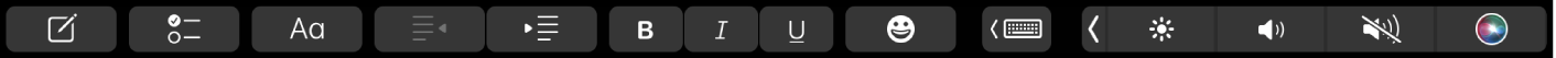 La Touch Bar de Notas con botones de formato de texto. Los controles de formato incluyen opciones para alinear a la derecha y a la izquierda, poner en negrita y cursiva, y subrayar. También hay un botón para mostrar las sugerencias de escritura.