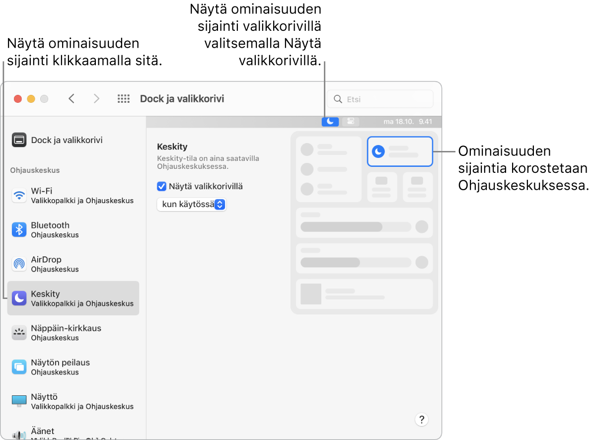 Dock ja valikkorivi -asetusten ikkuna ja selitteet Keskity-tilaan sekä ominaisuuden valinnaisiin asetuksiin ja tuloksiin.