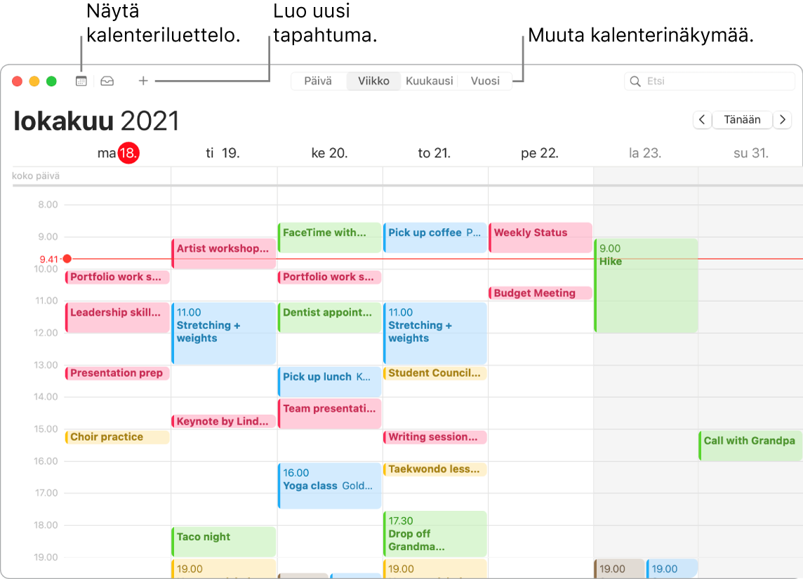 Kalenteri-ikkuna, jossa näkyy kalenteriluettelo ja jossa näytetään, kuinka tapahtuma lisätään ja kuinka valitaan näkymäksi päivä, viikko, kuukausi tai vuosi.