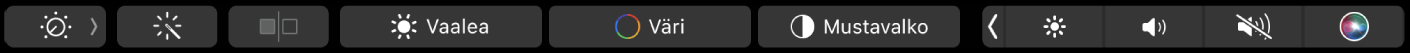 Touch Bar, jossa näkyvät kuvien muokkauspainikkeet – rajaus, suodattimet, säätö ja retusointi – sekä painike lisävalintoihin siirtymiselle.
