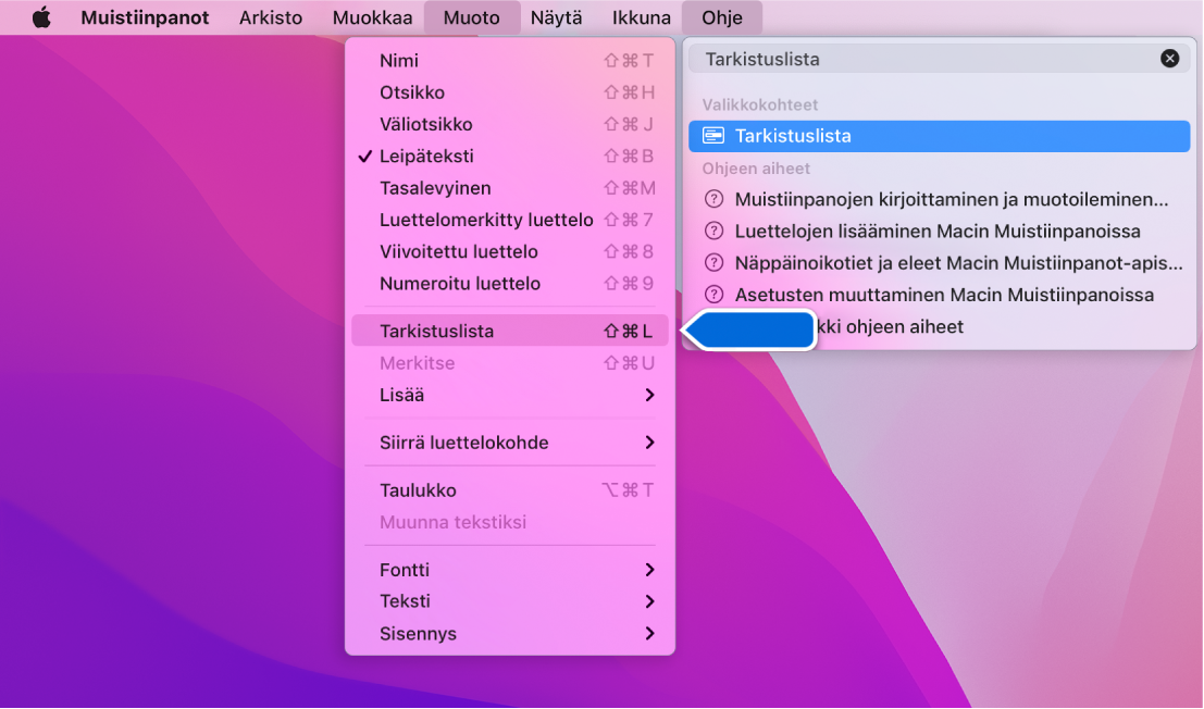 Ohje-valikko, jossa näkyy ”luettelo”-haku ja Luettelomerkitty luettelo -komento korostettuna tulosluettelossa ja Muoto-valikossa.