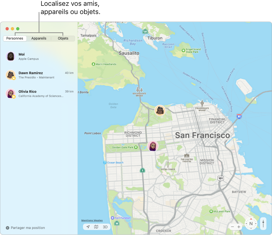 L’onglet Personnes sélectionné sur la gauche et une carte de San Francisco sur la droite avec votre position ainsi que celle de deux amis.