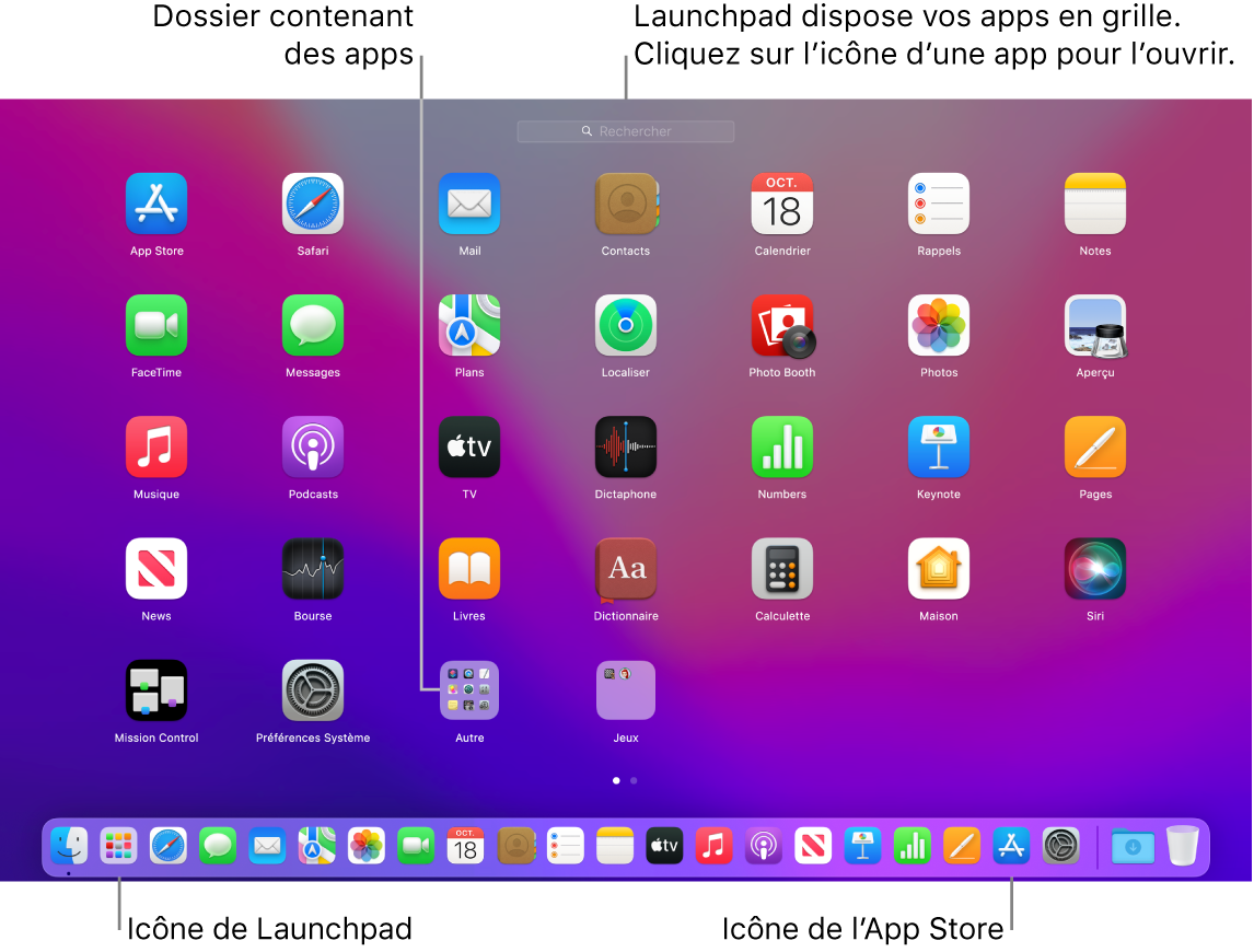 L’écran du Mac avec Launchpad ouvert, affichant un dossier d’apps dans Launchpad, et les icônes Launchpad et App Store dans le Dock.