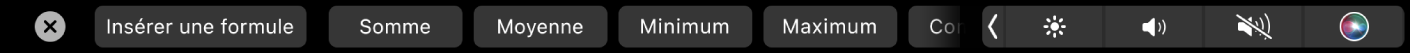 Touch Bar de Numbers affichant les boutons de formule. Cela comprend les options suivantes : Somme, Moyenne, Minimum et Maximum.