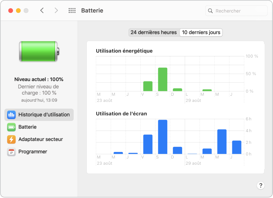 Fenêtre « Historique d’utilisation de la batterie » avec l’option « 10 derniers jours » sélectionnée.