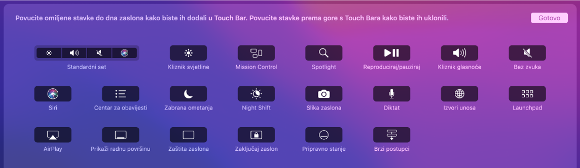 Stavke koje možete prilagoditi na Control Stripu povlačenjem u Touch Bar.