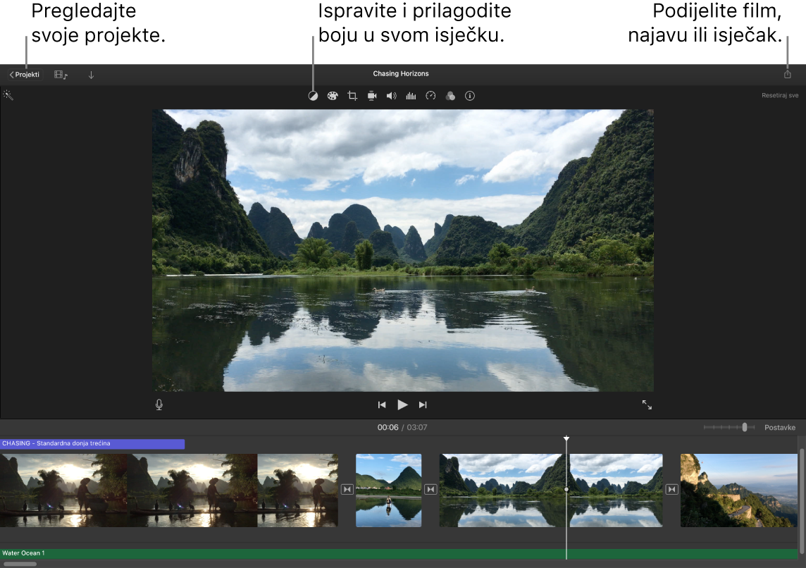 Prozor iMovie prikazuje tipke za prikaz projekata, ispravljanje i podešavanje boje i dijeljenje vašeg filma, najave ili isječka filma.