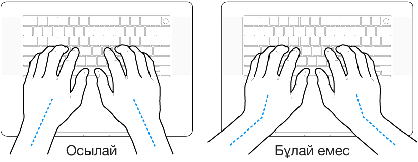 Білек пен қолдың дұрыс және дұрыс емес туралауын көрсетіп тұрған үстінде қолдар бар пернетақта.