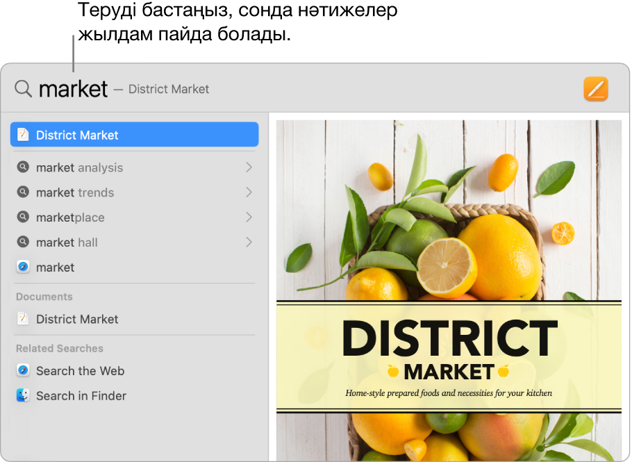 Сол жағында іздеу нәтижелерін көрсетіп тұрған Spotlight терезесі.