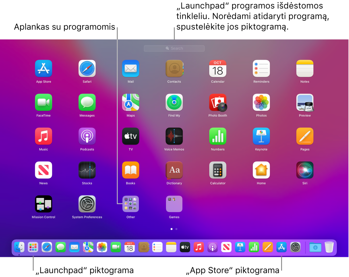„Mac“ ekrane atidaryta funkcija „Launchpad“: rodomas „Launchpad“ programų aplankas, „Dock“ juostoje matomos „Launchpad“ ir „App Store“ piktogramos.