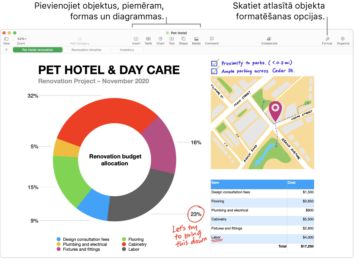 Lietotnes Numbers loga augšā redzama rīkjosla un tās rediģēšanas rīki, poga Collaborate augšējā labajā stūrī un pogas Format un Organize — labajā malā.