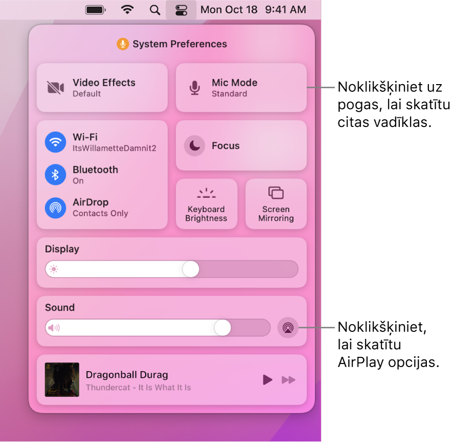 Pietuvināts izvēlnes Notification Center skats Mac datorā ar remarku pie pogas Display.