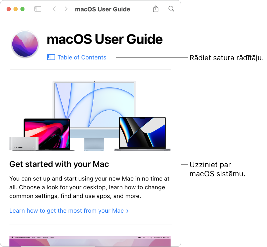 macOS lietošanas pamācības sākuma lapa ar saiti uz satura rādītāju.