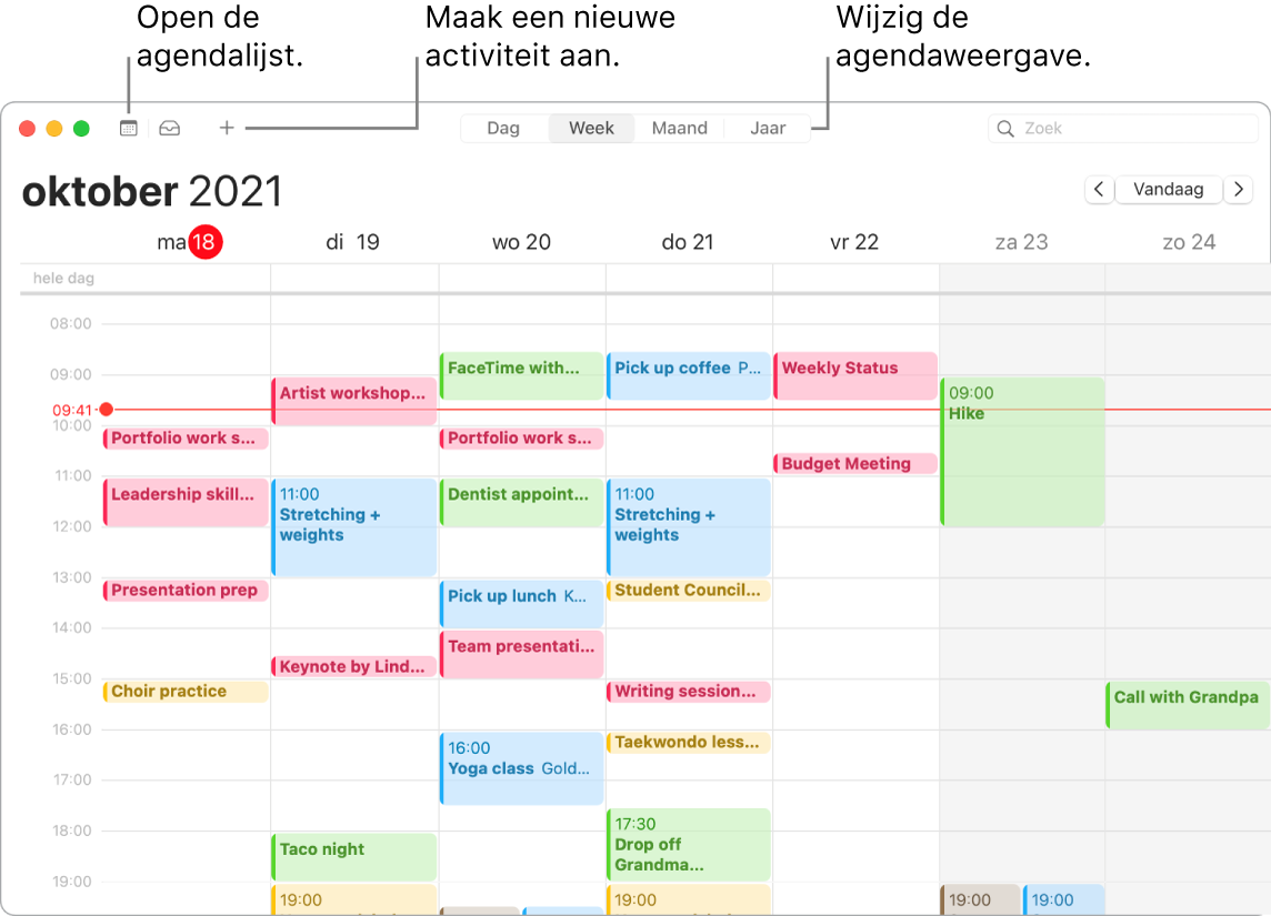 Een Agenda-venster waarin wordt aangegeven hoe je de agendalijst weergeeft, een activiteit aanmaakt en de dag-, week-, maand- of jaarweergave kiest.