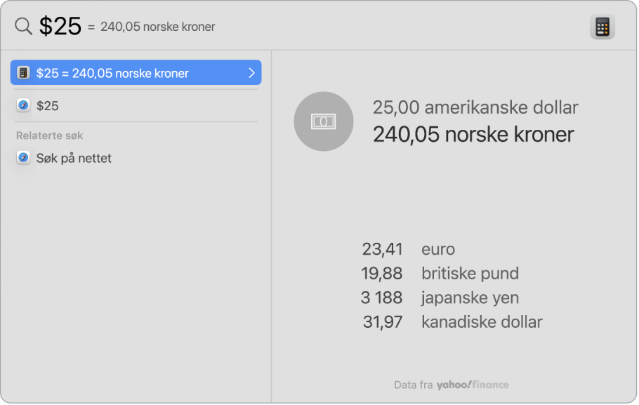 Et skjermbilde som viser dollar konvertert til pesos, med topptreff som viser konverteringen og flere resultater som kan velges.