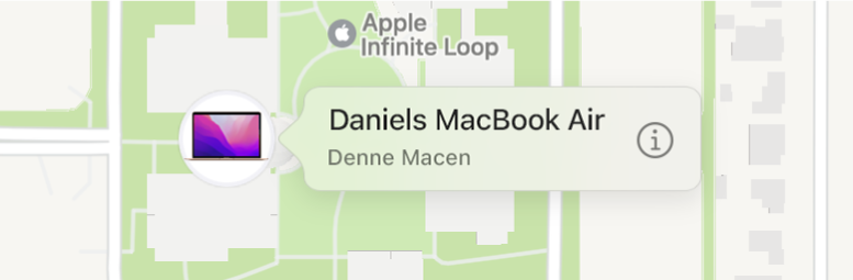 Et nærbilde av Informasjon-symbolet for Daniels MacBook Pro.