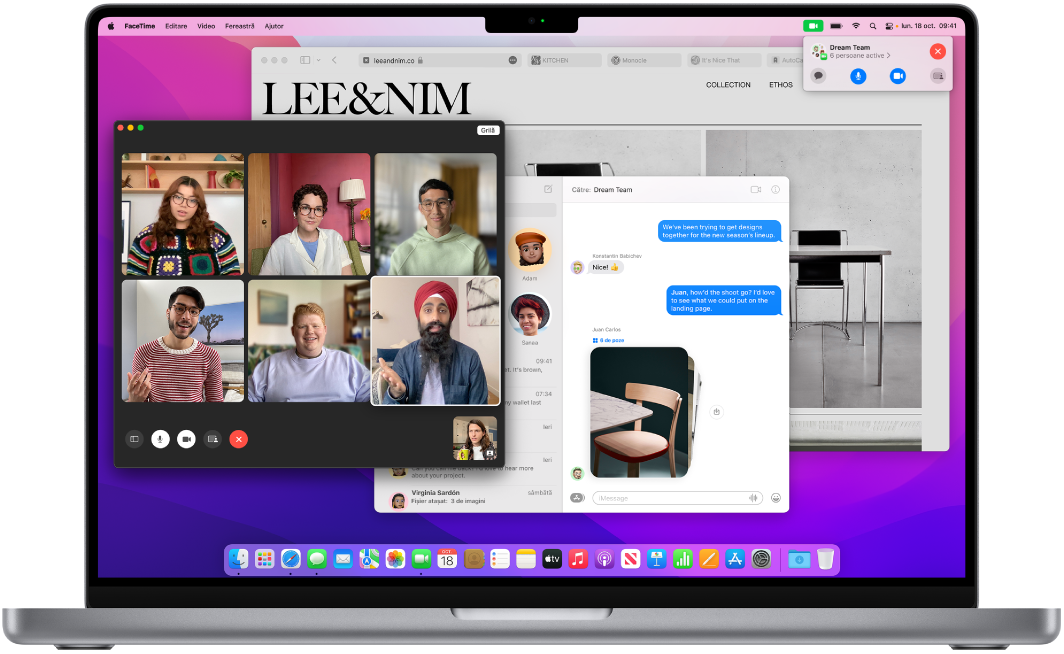 Un desktop de MacBook Pro afișând centrul de control și mai multe aplicații deschise.