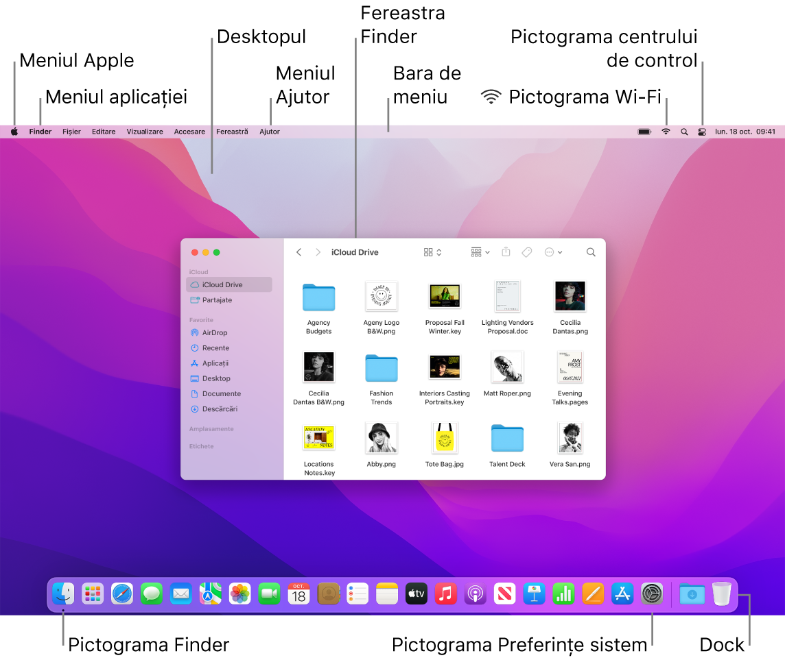 Ecran Mac cu meniul Apple, meniul aplicației, desktopul, meniul Ajutor, o fereastră Finder, bara de meniu, pictograma Wi-Fi, pictograma Centru de control, pictograma Finder, pictograma Preferințe sistem și Dock-ul.