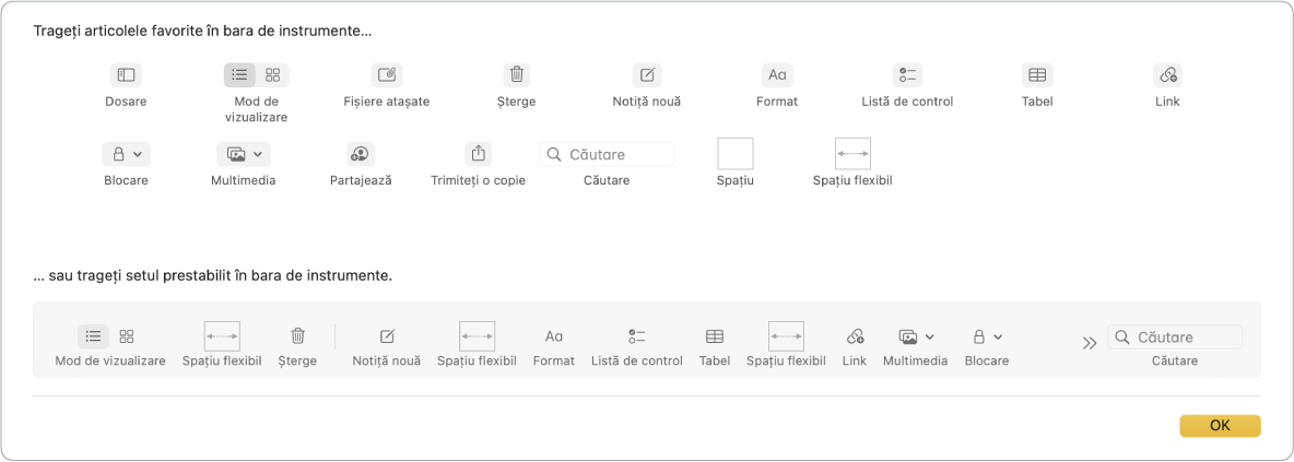 O fereastră Notițe afișând opțiunile disponibile pentru personalizarea barei de instrumente.