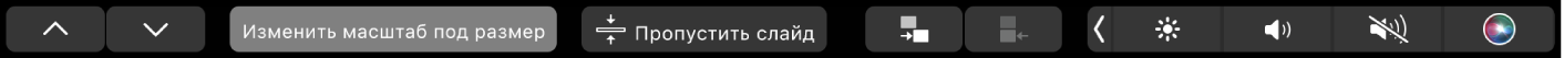 Панель Touch Bar для Keynote. Показаны кнопки со стрелками, кнопка «Подогнать размер», кнопки пропуска слайда, отступа и выступа для слайдов.