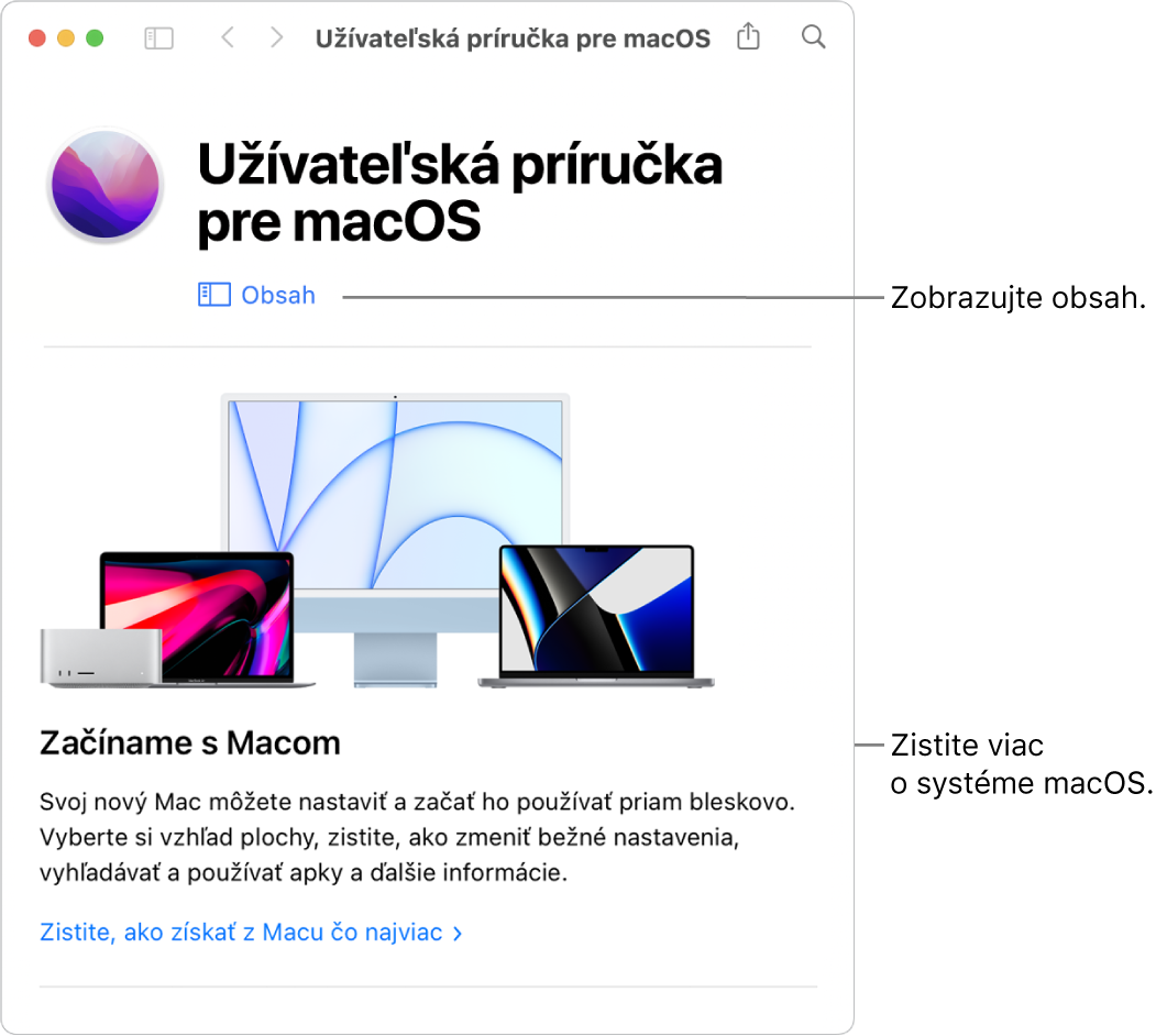 Úvodná obrazovka Príručky užívateľa pre macOS zobrazujúca odkaz na obsah.