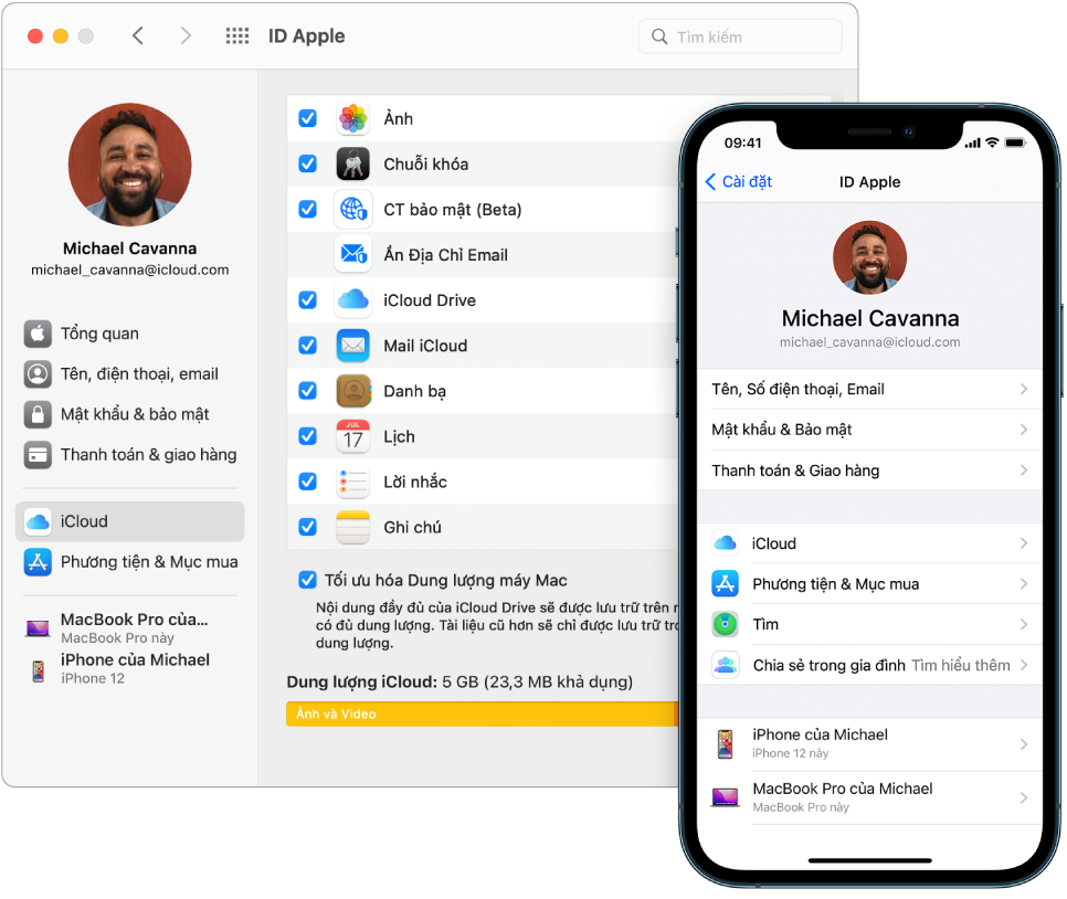 Cài đặt iCloud trên iPhone và cửa sổ iCloud trên máy Mac.