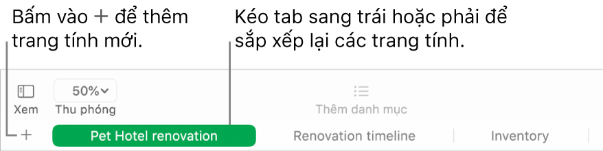 Cửa sổ Numbers đang minh họa cách thêm một trang tính mới và cách sắp xếp lại các trang tính.