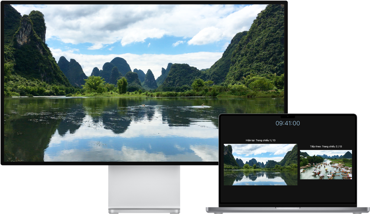 Một MacBook Pro 16 inch bên cạnh một HDTV được sử dụng như một màn hình ngoài.