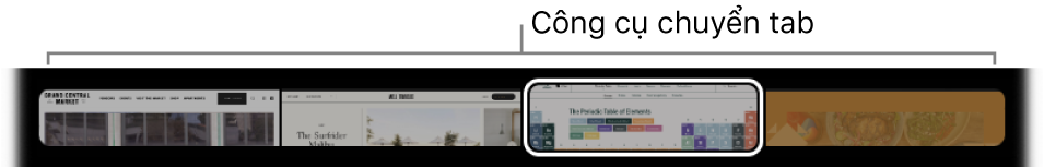 Công cụ chuyển tab trong Touch Bar Safari. Công cụ này hiển thị một bản xem trước nhỏ của mỗi tab được mở.