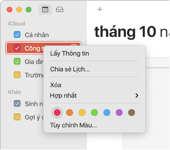 Menu phím tắt Lịch với các tùy chọn để tùy chỉnh màu của lịch.