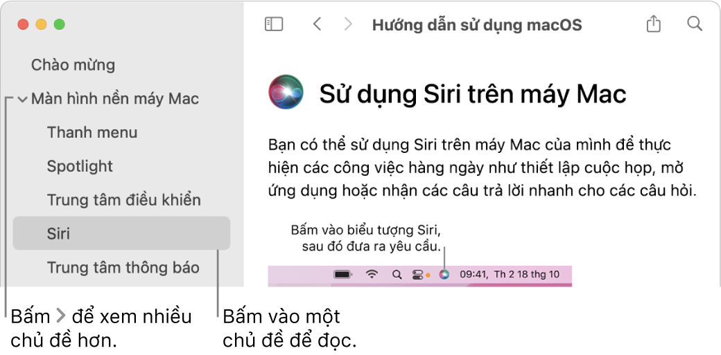 Trình xem Trợ giúp đang minh họa cách xem các chủ đề được liệt kê trong thanh bên và cách hiển thị nội dung của một chủ đề.