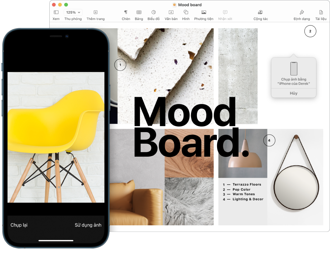 Một iPhone đang hiển thị một ảnh và một màn hình máy Mac đang hiển thị một tài liệu Pages với một hộp dấu nhắc là nơi hình ảnh sẽ xuất hiện.